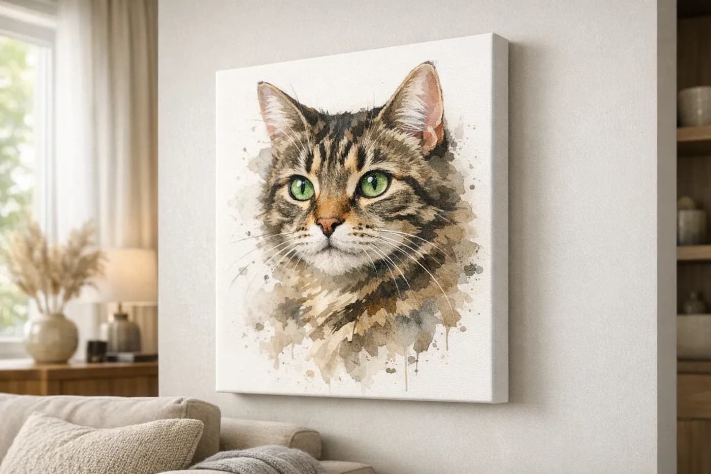 Custom cat portrait on canvas in a modern home