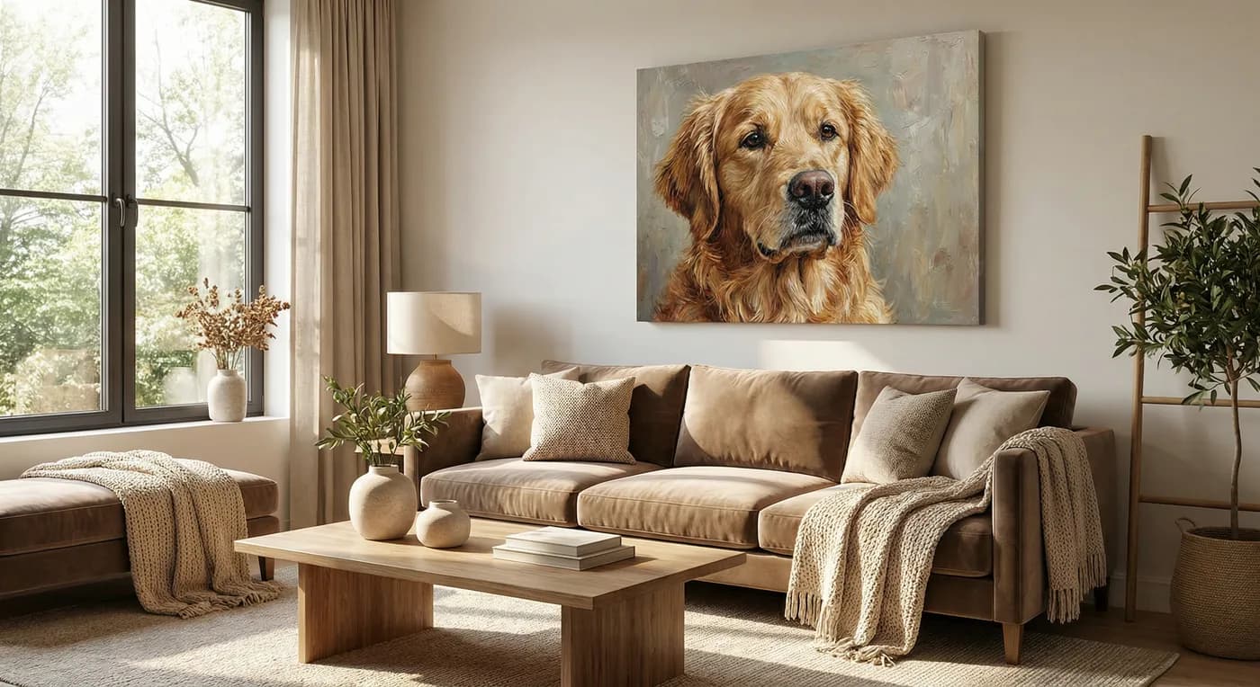Custom dog portrait on canvas in a cozy living room