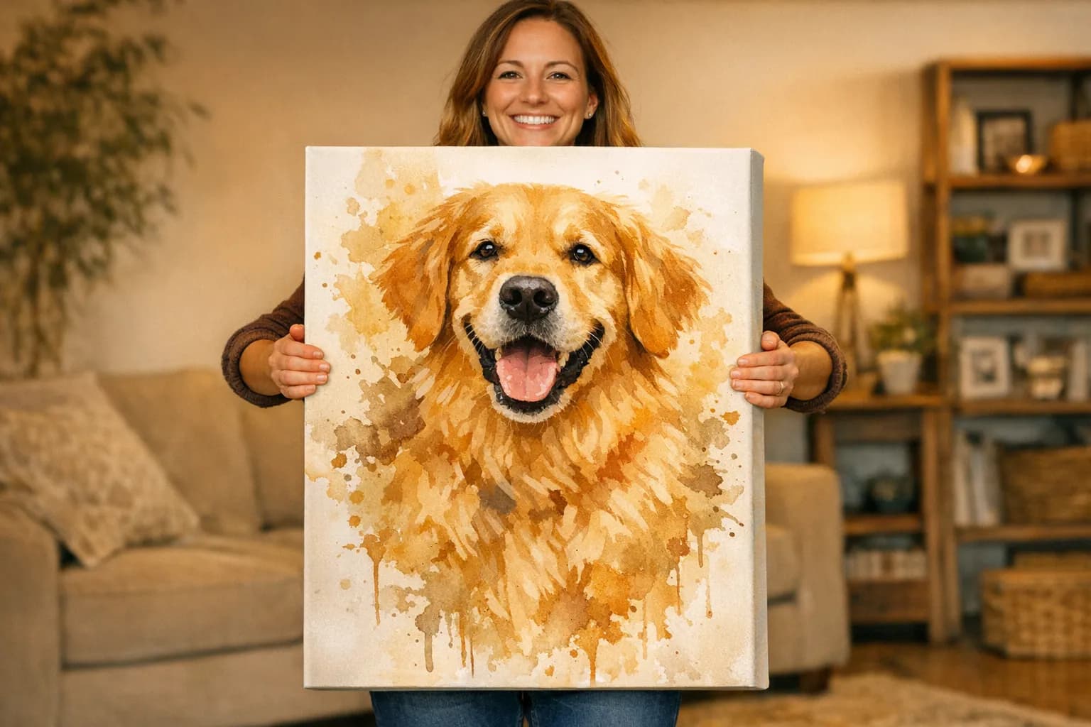 Custom pet portrait on canvas in a beautiful living room