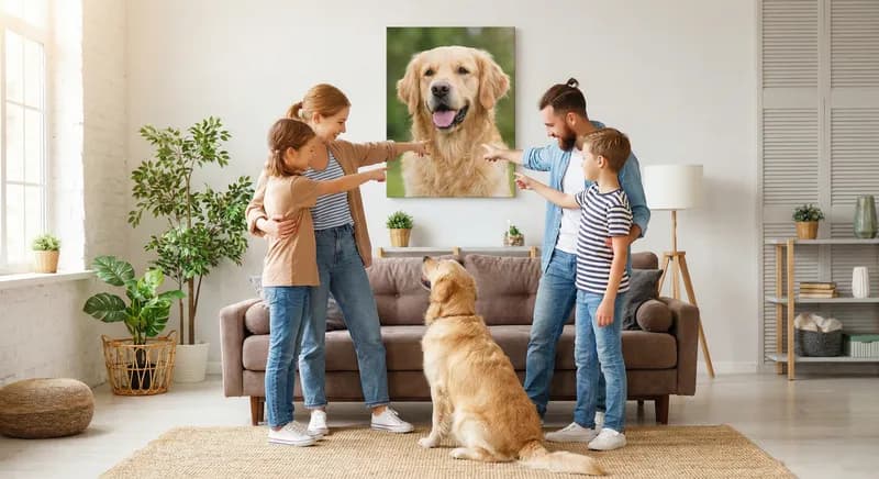 Family admiring their new pet portrait canvas