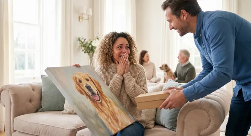Happy woman receiving a pet portrait canvas as a gift